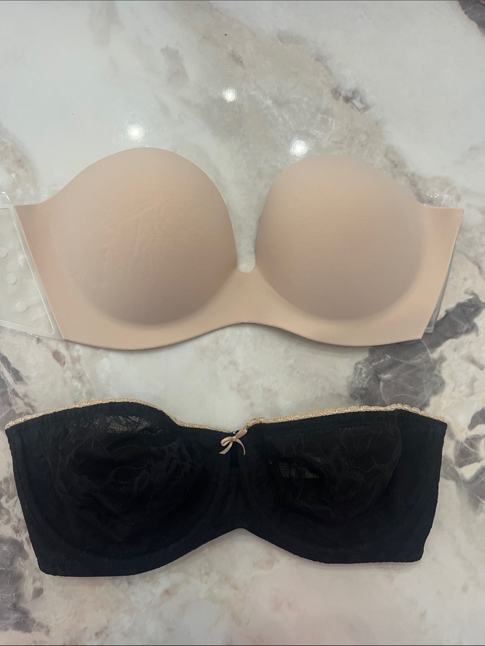 Nude and Black Strapless Bra Duo — Smooth Adhesive Molded & Lace Bandeau
